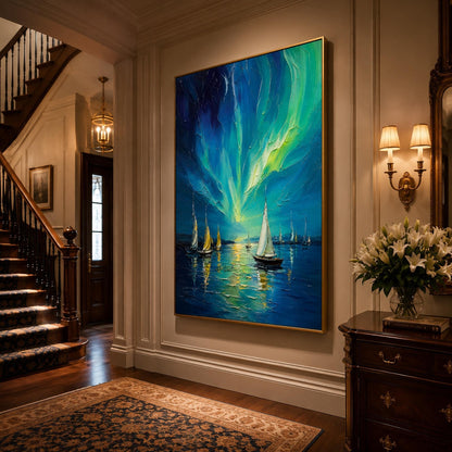 Aurora Sailboat Painting Northern Lights – Blue and Green Sailboat 3D Texture Wall Art | Impasto Hand-Painted Painting, view 