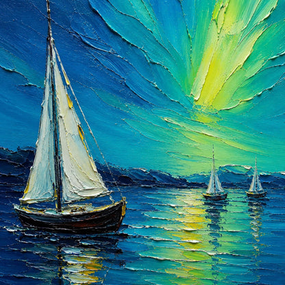 Blue and Green Impasto Sailboat 3D Texture Wall Art – Aurora Sailboat Painting Northern Lights