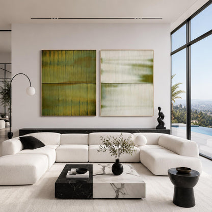 Serene Green Diptych – Olive and Green Abstract Minimalist Wall Art | Textured Painting, view 3