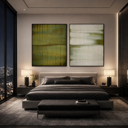 Olive and Green Textured Minimalist Wall Art – Serene Green Diptych