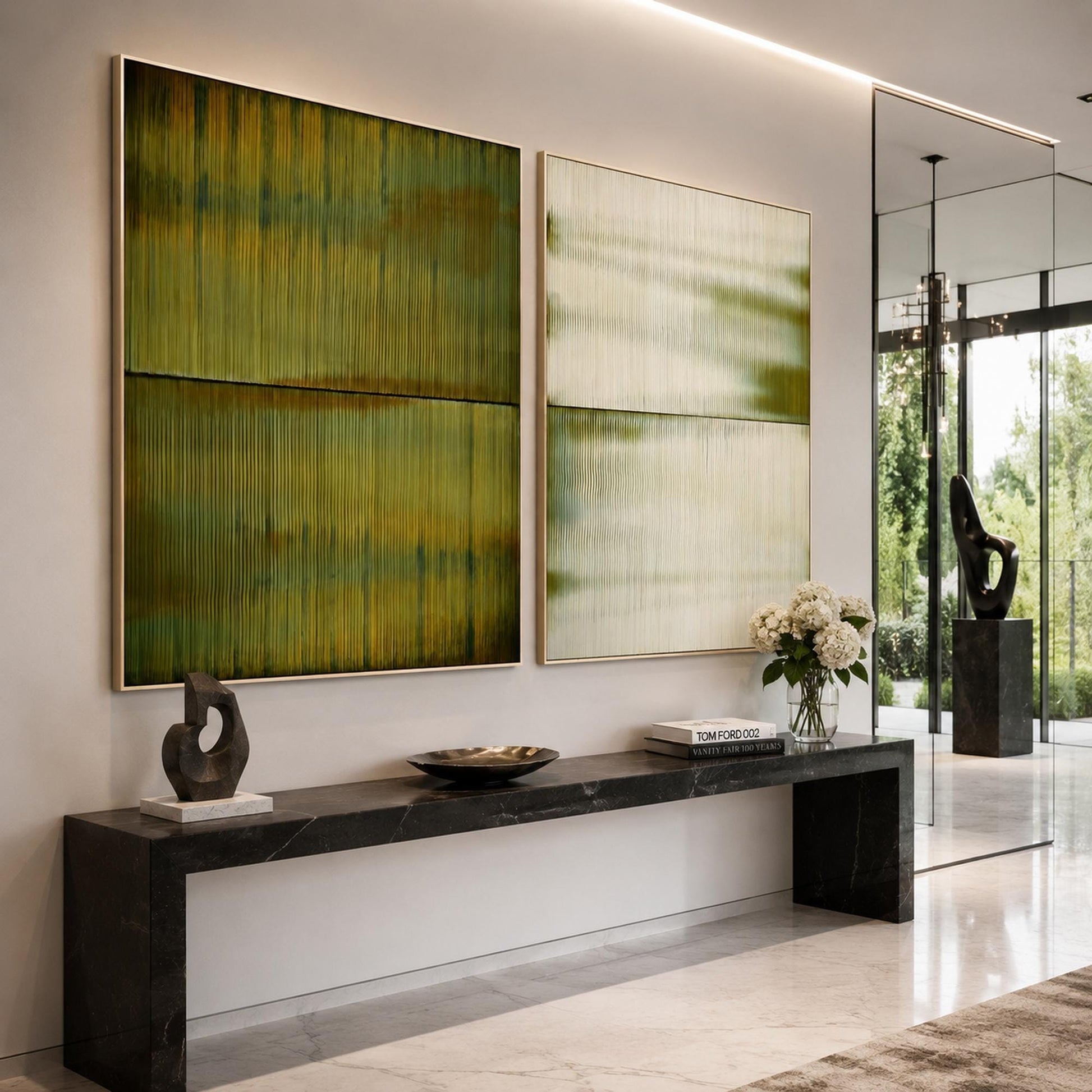Serene Green Diptych – Olive and Green Abstract Minimalist Wall Art | Textured Painting, view 2