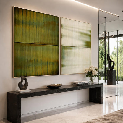 Serene Green Diptych – Olive and Green Abstract Minimalist Wall Art | Textured Painting, view 2