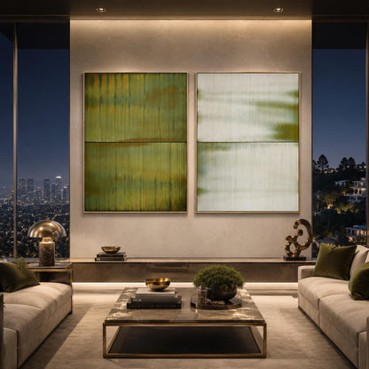 Olive and Green Textured Minimalist Wall Art – Serene Green Diptych