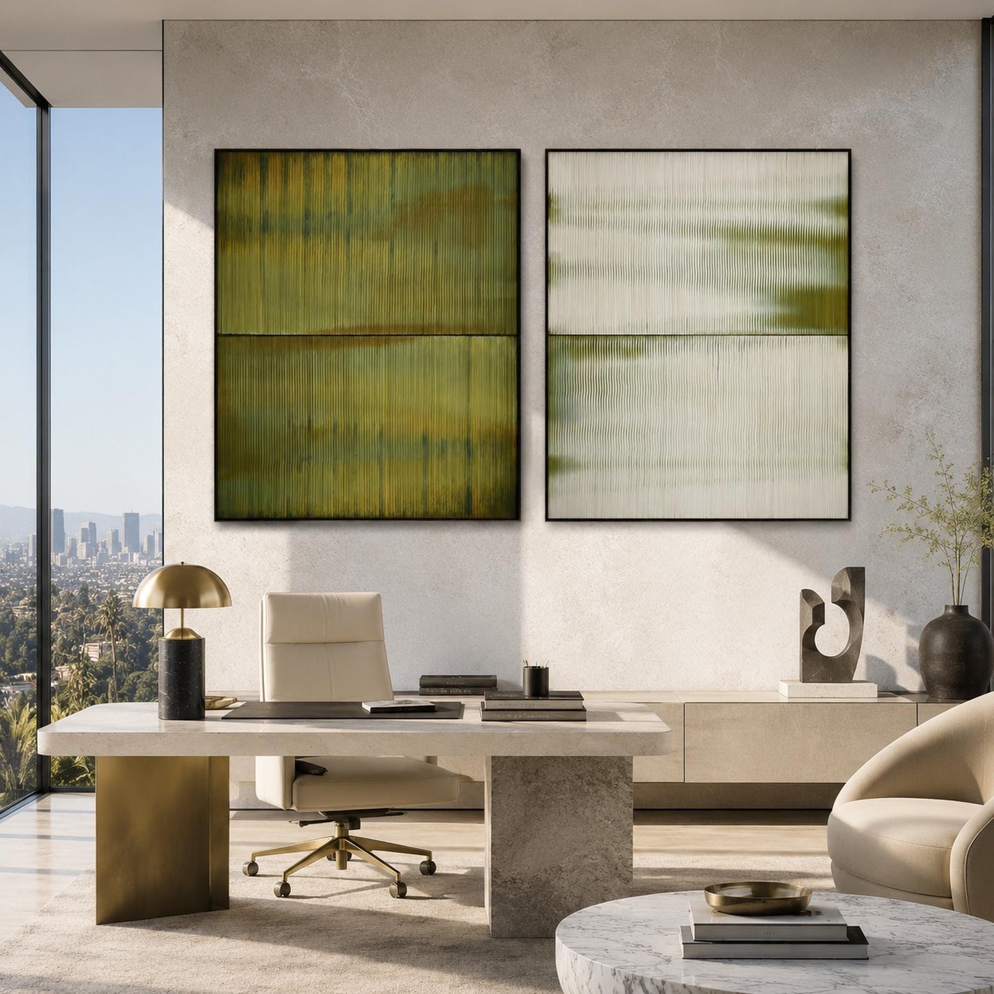 Serene Green Diptych – Olive and Green Abstract Minimalist Wall Art | Textured Painting, view 1