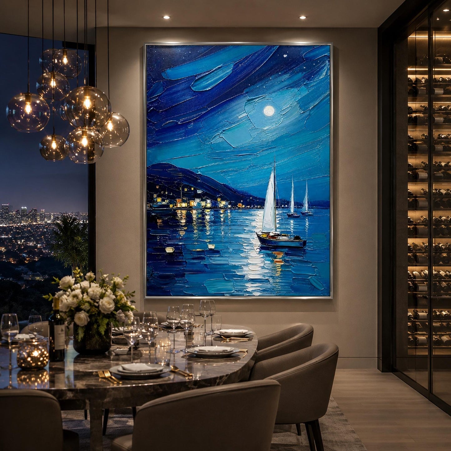 Moonlit Harbor Painting Night Sailing – Blue Shoreline Seascape Wall Art | Palette Knife Painting, view 3