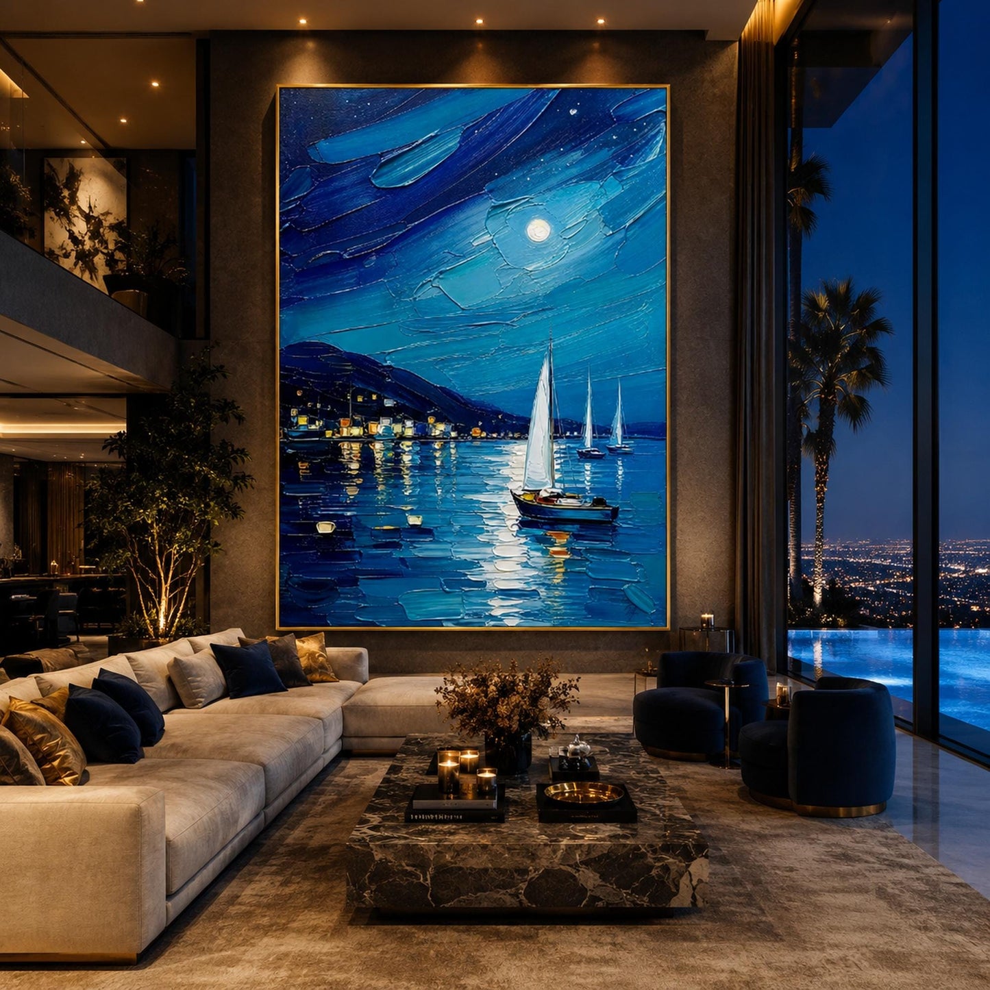 Moonlit Harbor Seascape Wall Art – Blue Palette Knife Painting