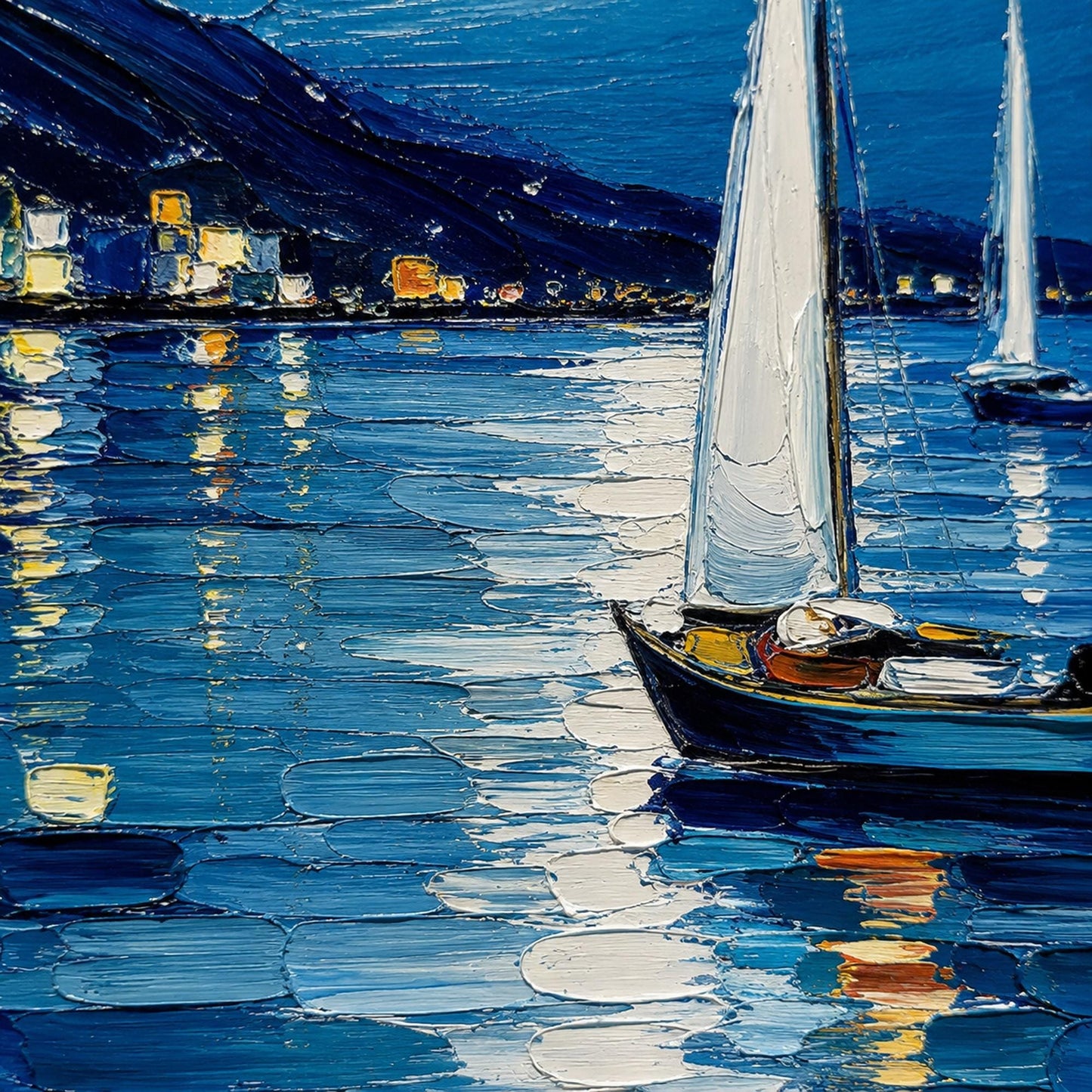 Moonlit Harbor Painting Night Sailing – Blue Shoreline Seascape Wall Art | Palette Knife Painting, view 4