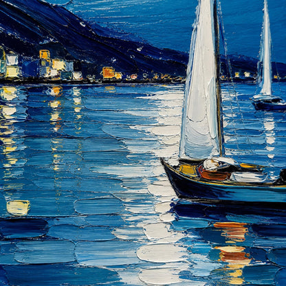 Moonlit Harbor Painting Night Sailing – Blue Shoreline Seascape Wall Art | Palette Knife Painting, view 4