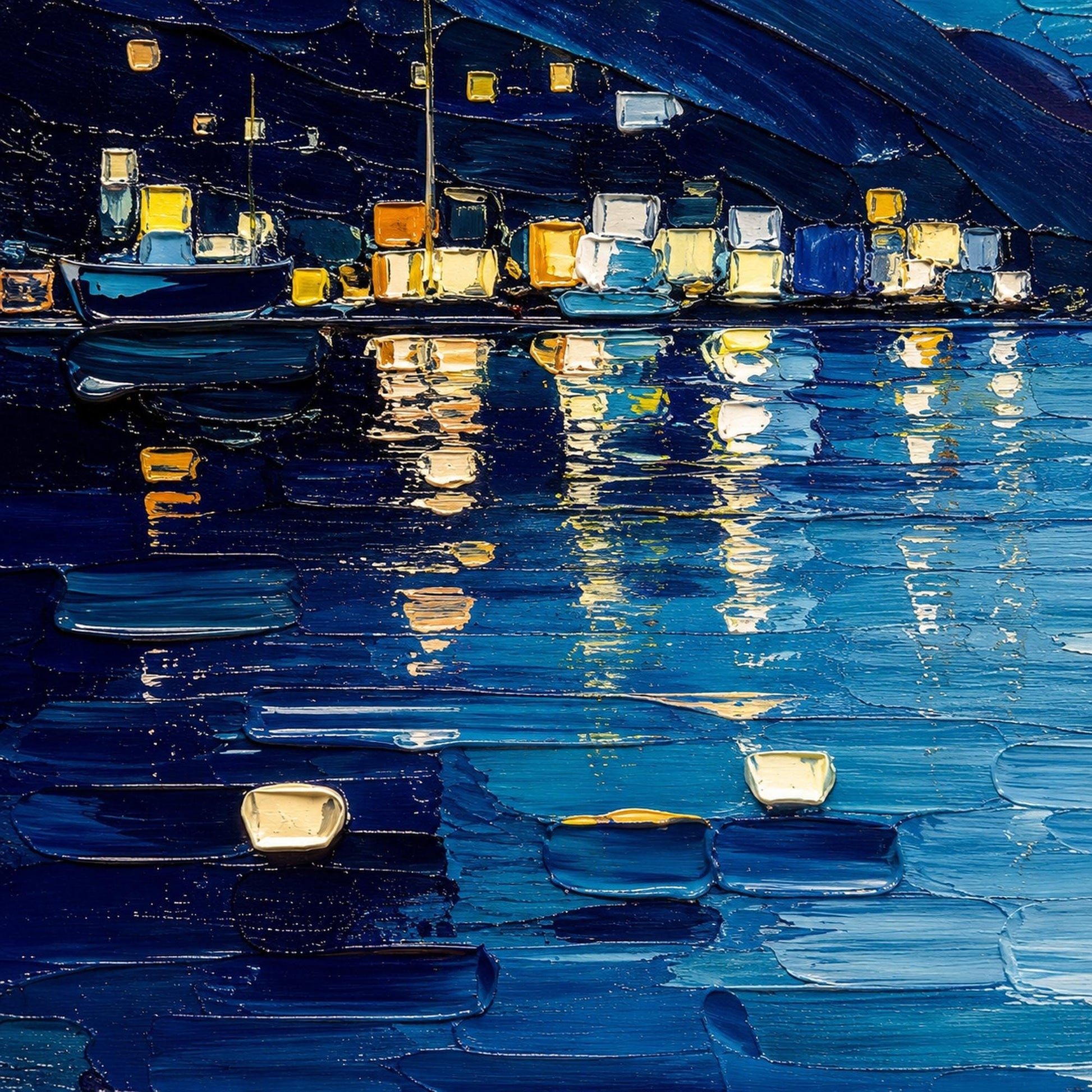 Moonlit Harbor Painting Night Sailing – Blue Shoreline Seascape Wall Art | Palette Knife Painting, view 5