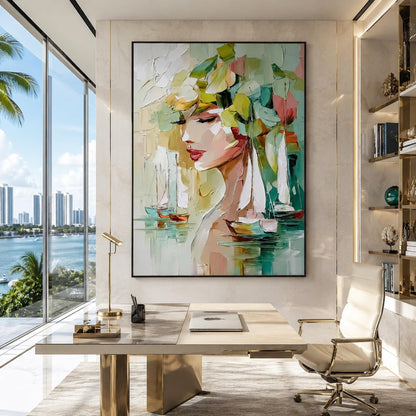 Woman Leaf Portrait Painting Sailboat – Turquoise and Sage Sailboat Abstract Wall Art | Impasto Oil Painting, view 1