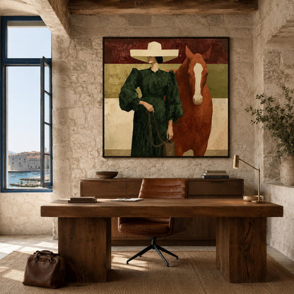 Woman Horse Painting Wide Hat Green Dress Canvas Fashion Equestrian Wall Art – Emerald and Olive Horse Animal Wall Art | Pain