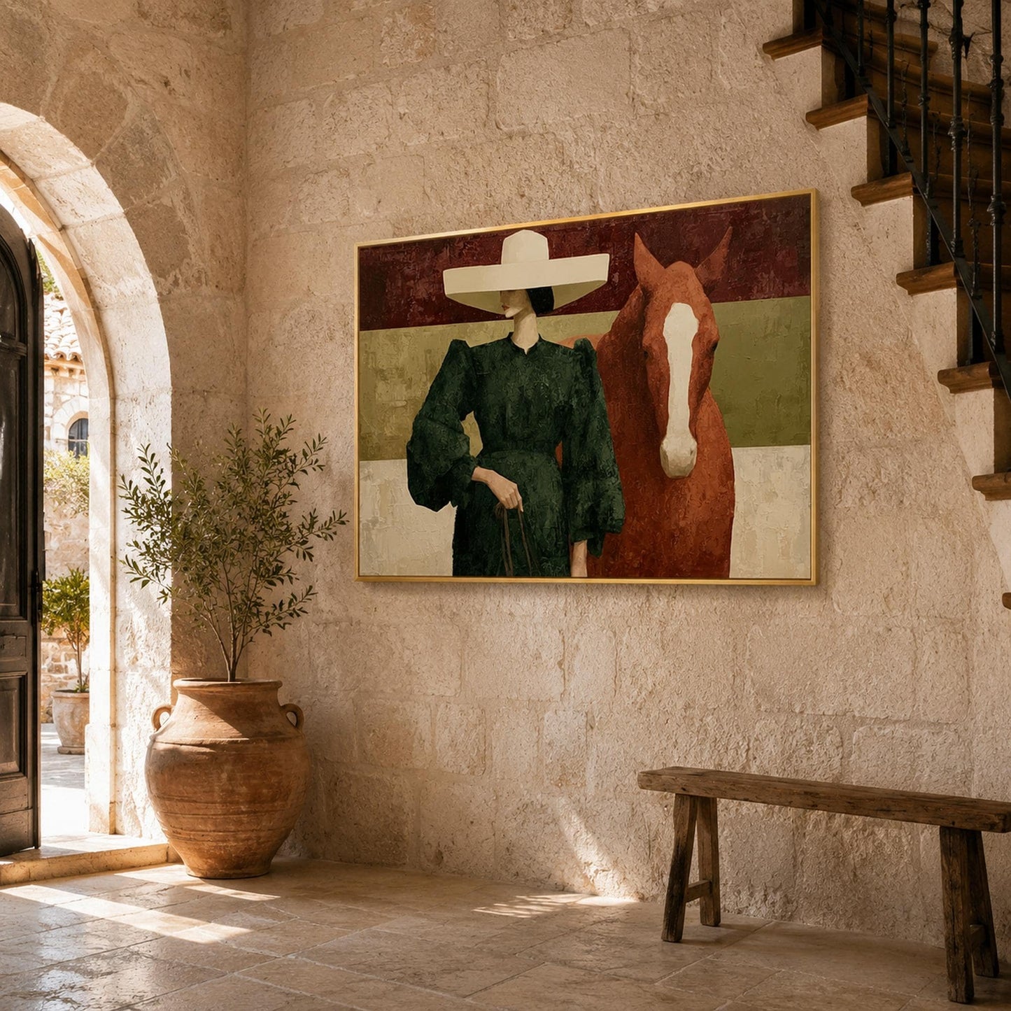 Woman Horse Painting Wide Hat Green Dress Canvas Fashion Equestrian Wall Art – Emerald and Olive Horse Animal Wall Art | Pain