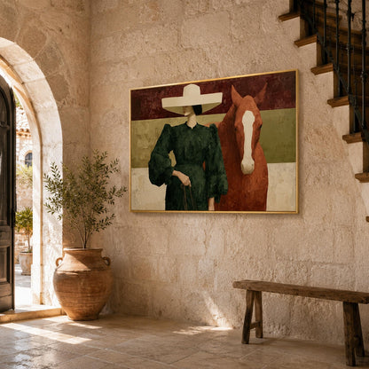 Woman Horse Painting Wide Hat Green Dress Canvas Fashion Equestrian Wall Art – Emerald and Olive Horse Animal Wall Art | Pain