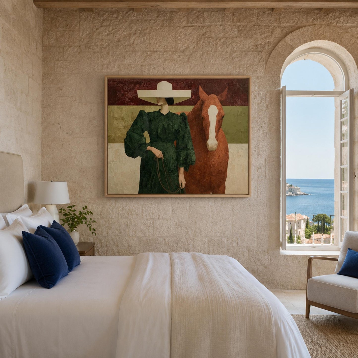 Equestrian Woman and Horse Animal Wall Art – Emerald Green Fashion Portrait Painting