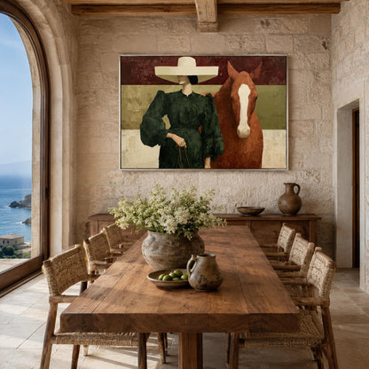 Woman Horse Painting Wide Hat Green Dress Canvas Fashion Equestrian Wall Art – Emerald and Olive Horse Animal Wall Art | Pain