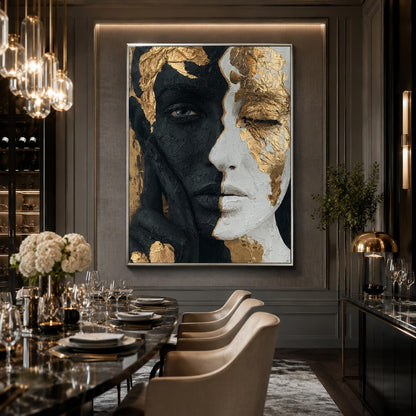 Gold and Black Minimalist Palette Knife Couple Figure Portrait Wall Art