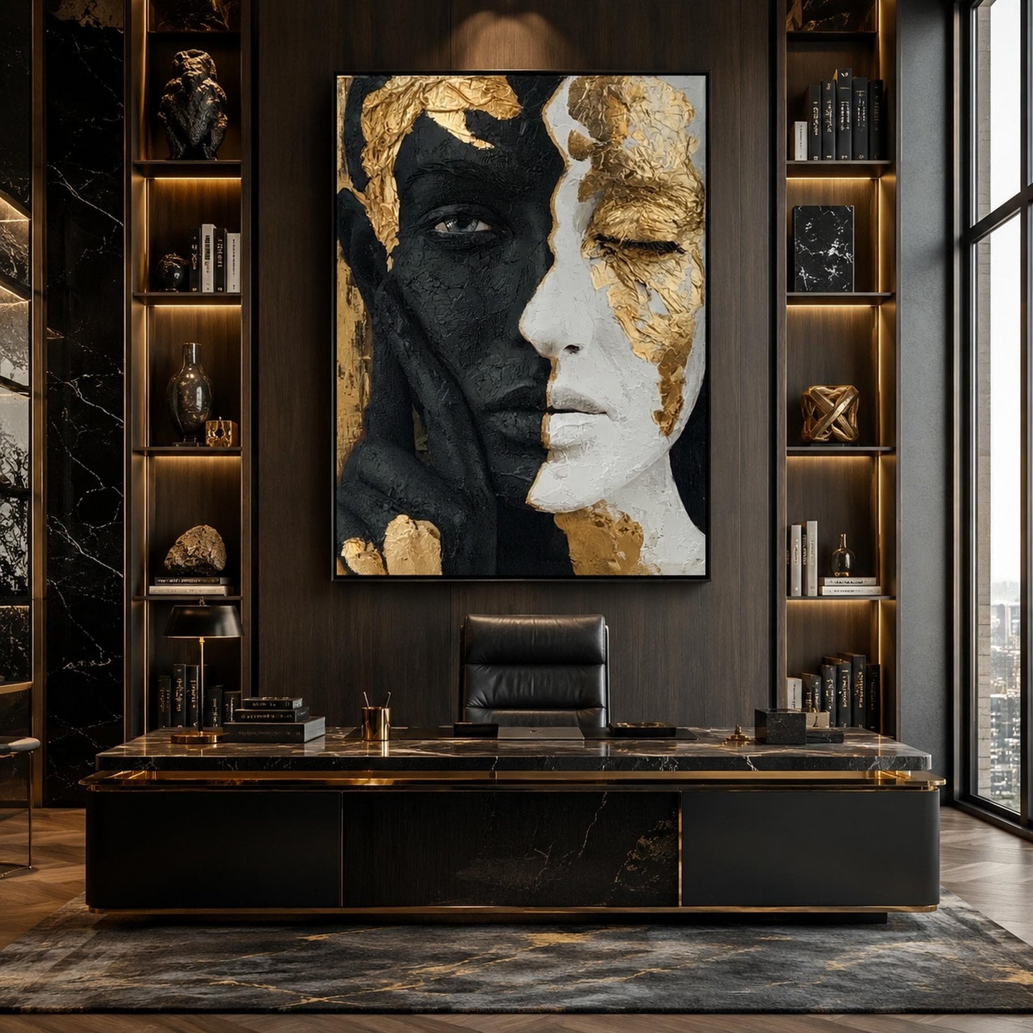 Abstract Face Painting Black White Gold Portrait Canvas Textured Modern Figurative Art Contemporary Couple Wall Decor Luxury 