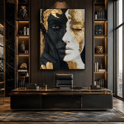 Abstract Face Painting Black White Gold Portrait Canvas Textured Modern Figurative Art Contemporary Couple Wall Decor Luxury 