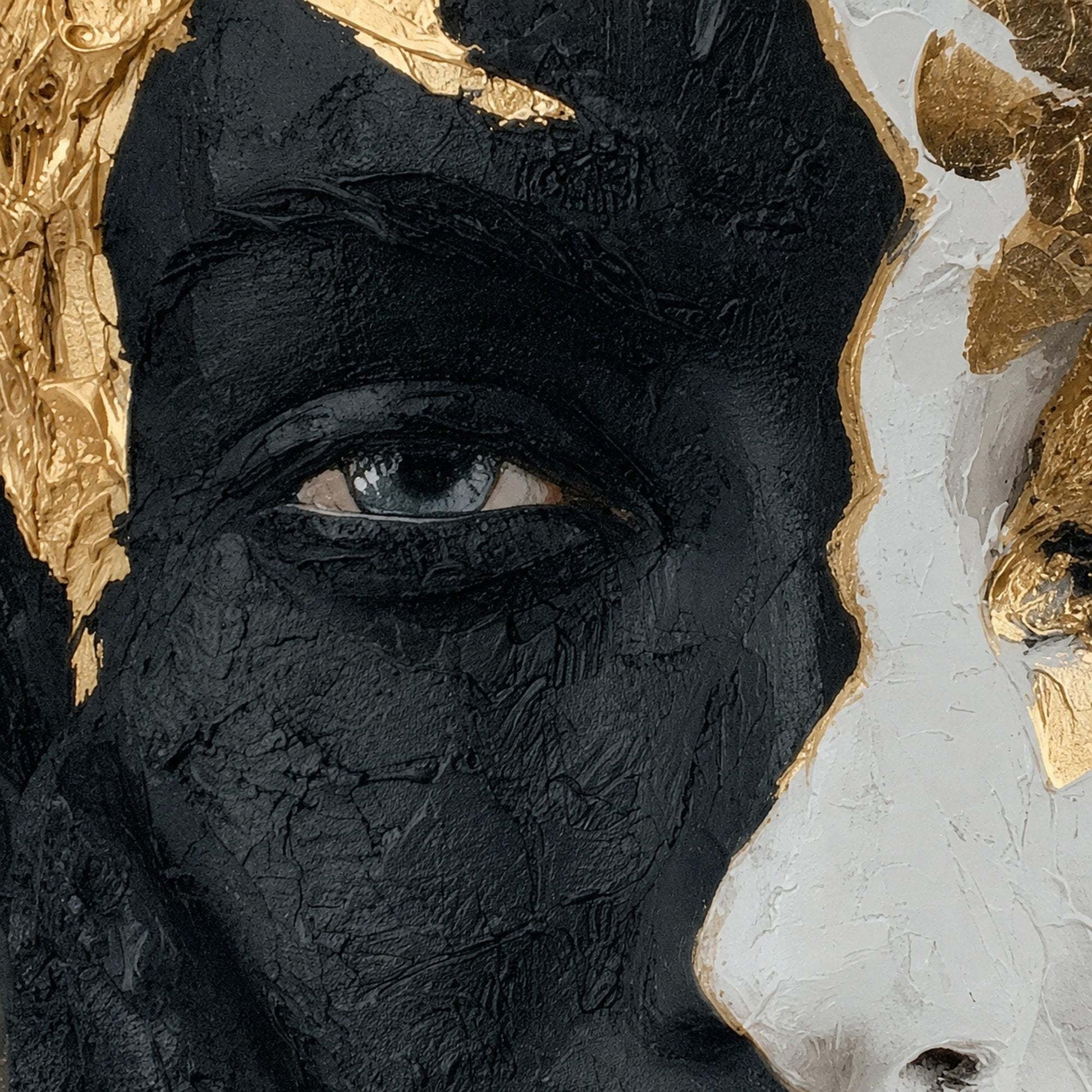 Abstract Face Painting Black White Gold Portrait Canvas Textured Modern Figurative Art Contemporary Couple Wall Decor Luxury 