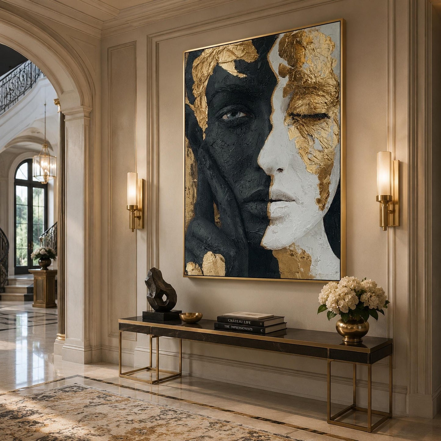 Abstract Face Painting Black White Gold Portrait Canvas Textured Modern Figurative Art Contemporary Couple Wall Decor Luxury 