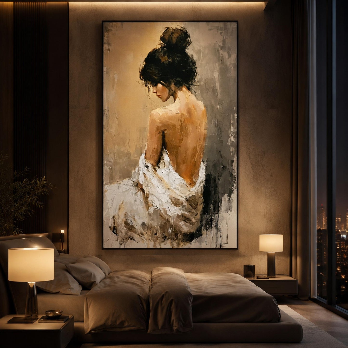 White Impressionist Figure Portrait Wall Art – Elegant Female Nude Back Oil Painting