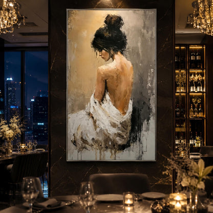 White Impressionist Figure Portrait Wall Art – Elegant Female Nude Back Oil Painting