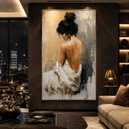 Impressionist Woman Painting Nude Back Figure Canvas Textured Oil Painting Elegant Female Portrait Romantic Bedroom Art Neutr
