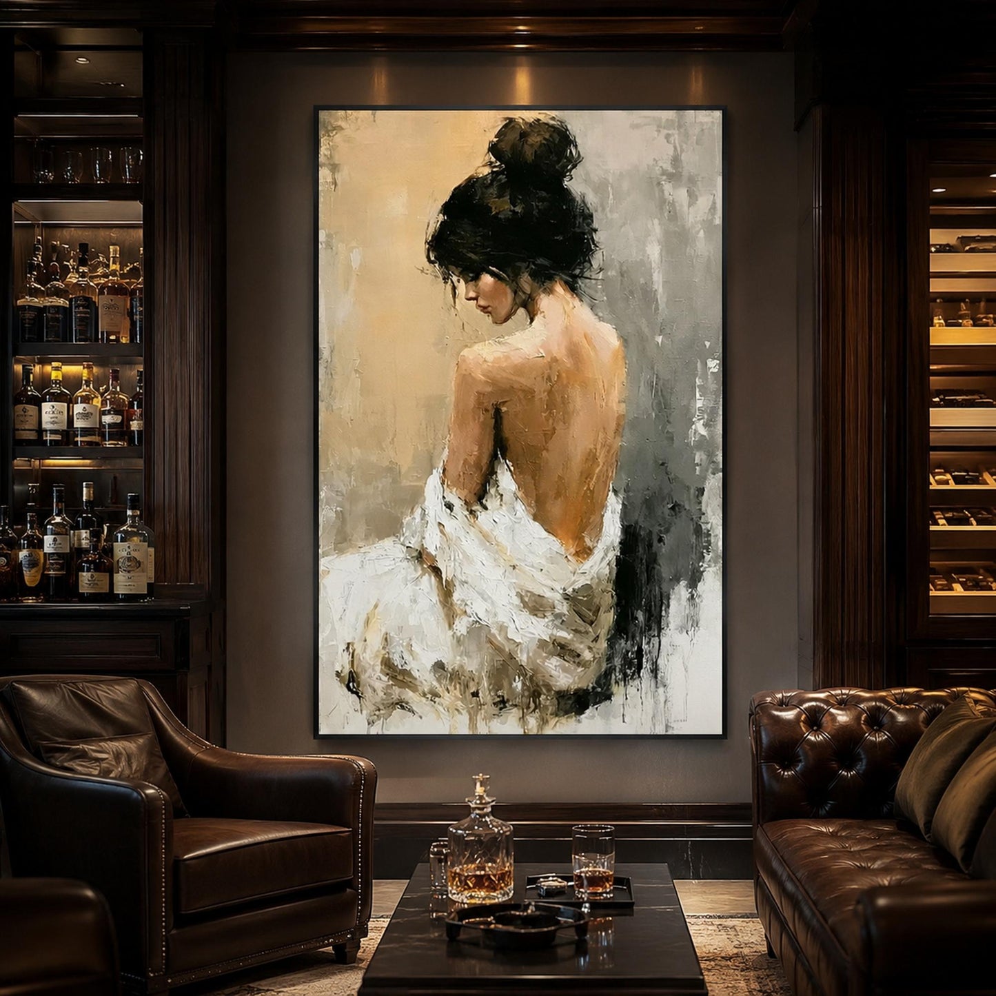 White Impressionist Figure Portrait Wall Art – Elegant Female Nude Back Oil Painting