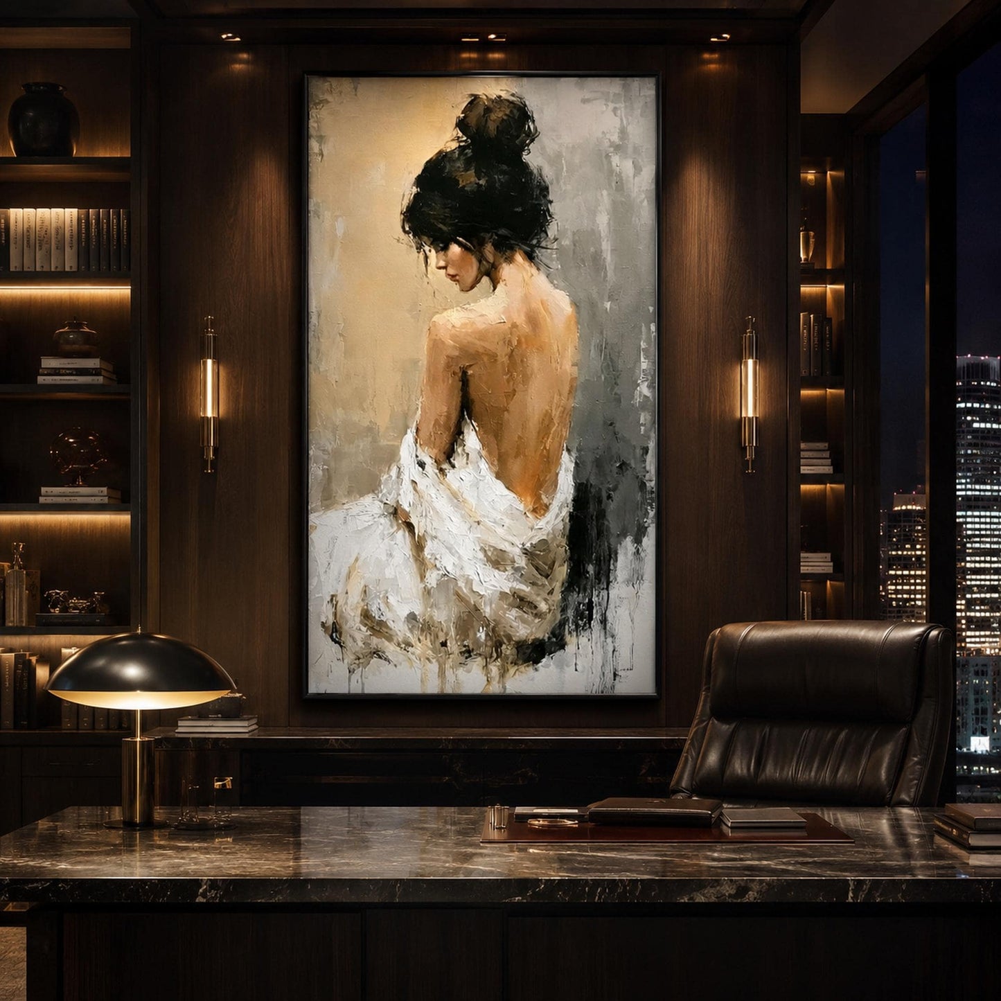 White Impressionist Figure Portrait Wall Art – Elegant Female Nude Back Oil Painting