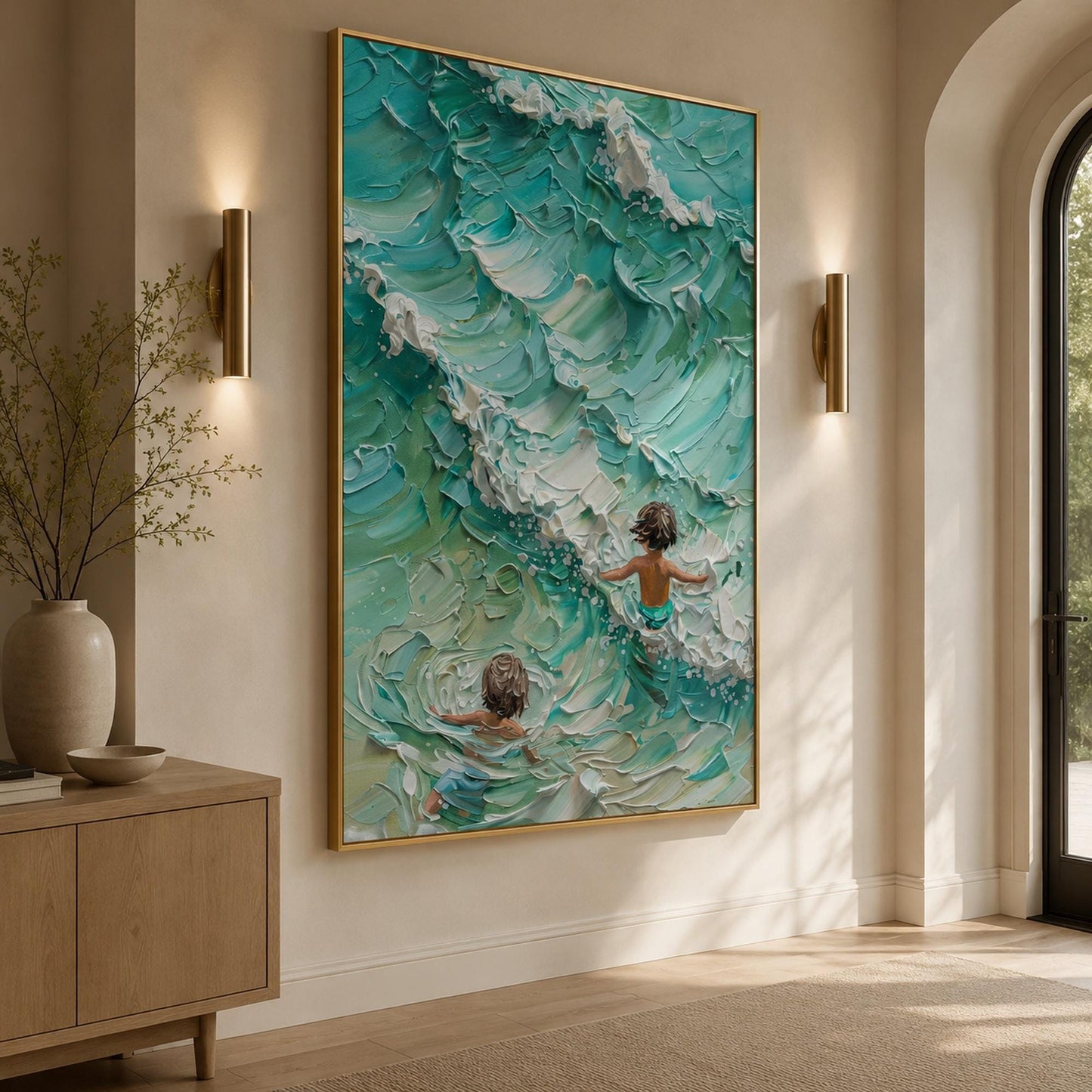 Children – Turquoise and Green Ocean Wave Seascape Wall Art | Impasto Oil Painting, view 3
