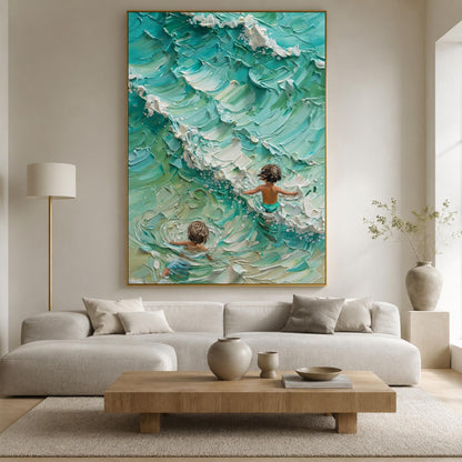 Turquoise and Green Impressionist Impasto Ocean Wave Seascape Wall Art – Children