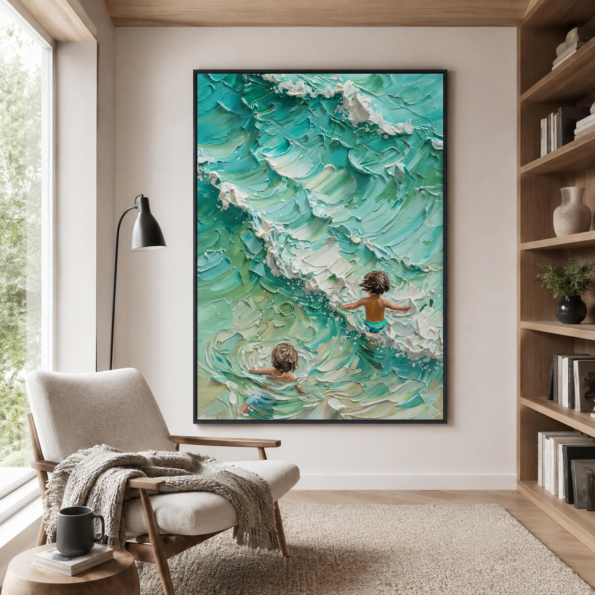 Children – Turquoise and Green Ocean Wave Seascape Wall Art | Impasto Oil Painting, view 2