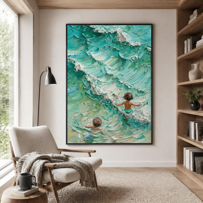 Children – Turquoise and Green Ocean Wave Seascape Wall Art | Impasto Oil Painting, view 2
