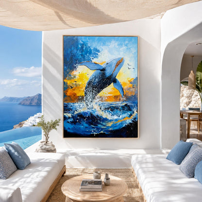 Gold Impasto Whale Ocean Wall Art – Whale Jumping