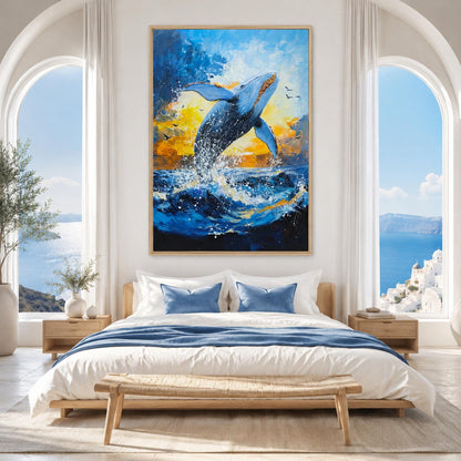 Whale Jumping – Gold Whale Ocean Wall Art | Impasto Painting, view 3