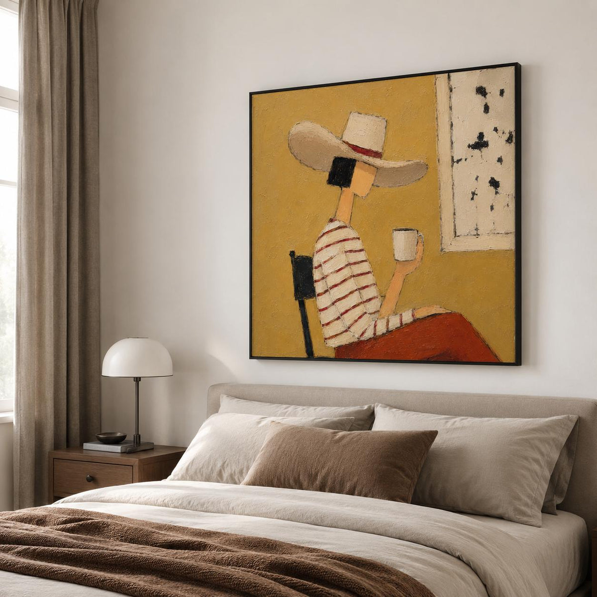 May include: A square wall art print featuring a stylized figure wearing a wide-brimmed hat and a red and white striped long-sleeve shirt. The figure sits on a black chair, holding a white mug against a mustard yellow background with a white panel.