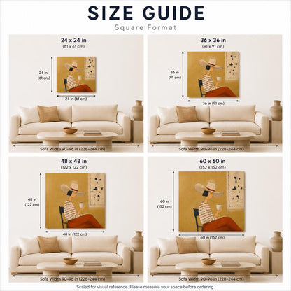 May include: A size guide for square format wall art featuring a painting of a person in a hat and striped shirt sitting on a chair. The guide displays four canvas sizes: 24x24 inches, 36x36 inches, 48x48 inches, and 60x60 inches above a sofa.