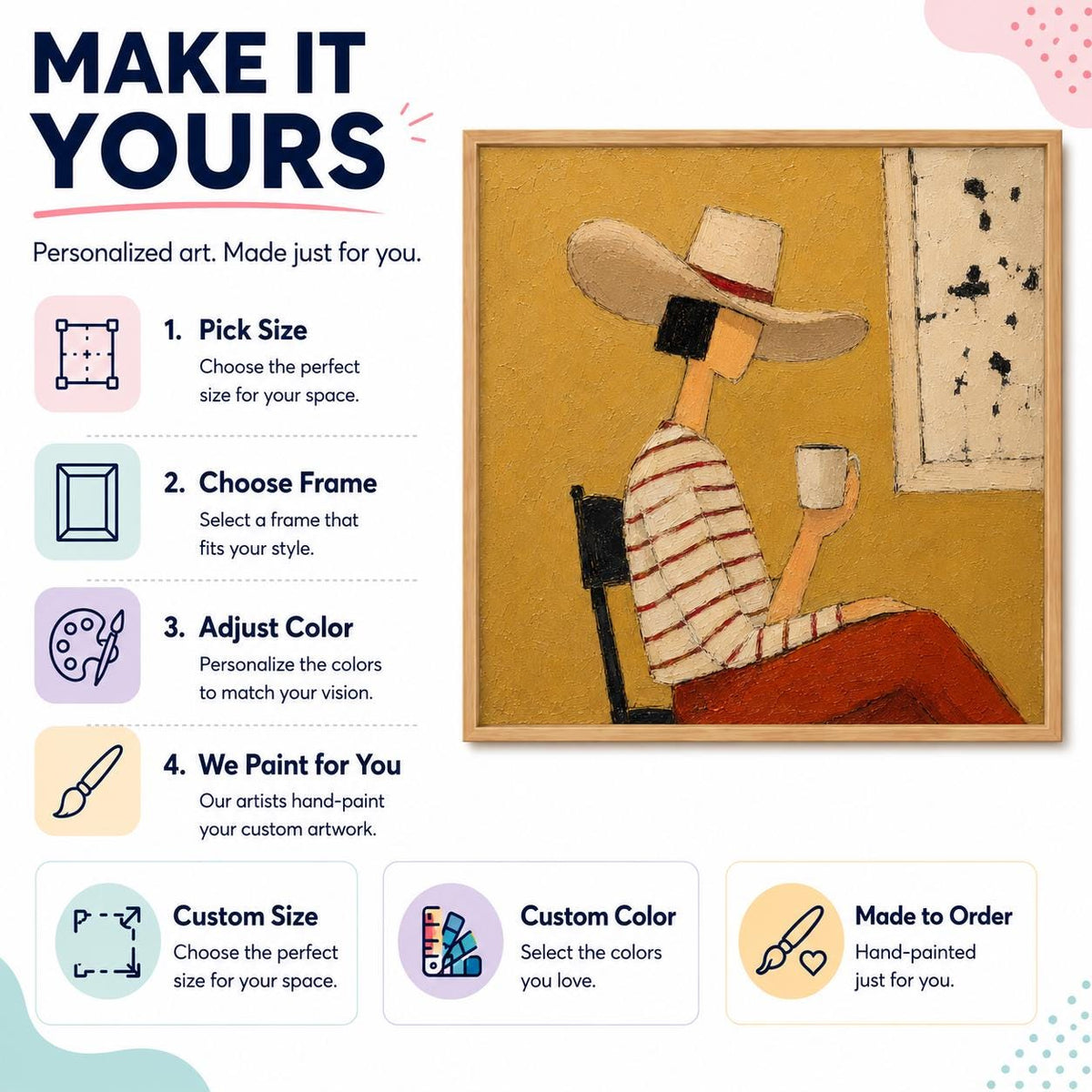 May include: A square framed painting featuring a stylized figure wearing a wide-brimmed hat and a striped shirt, sitting on a black chair while holding a white mug. The artwork includes text that reads MAKE IT YOURS and lists four customization steps.
