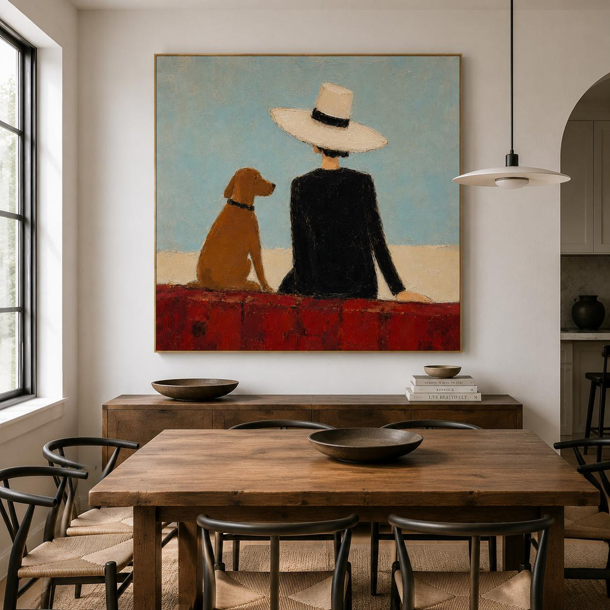 Cowboy Dog Wall Art Blue Western Figurative Canvas Painting for Modern Living Room Decor