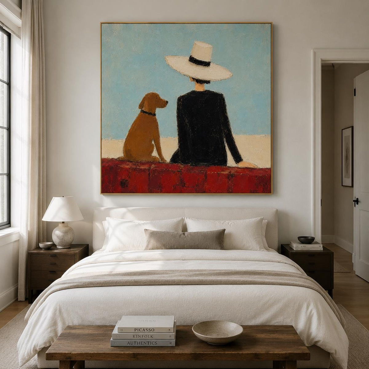 Cowboy Dog Wall Art Blue Western Figurative Canvas Painting for Modern Living Room Decor