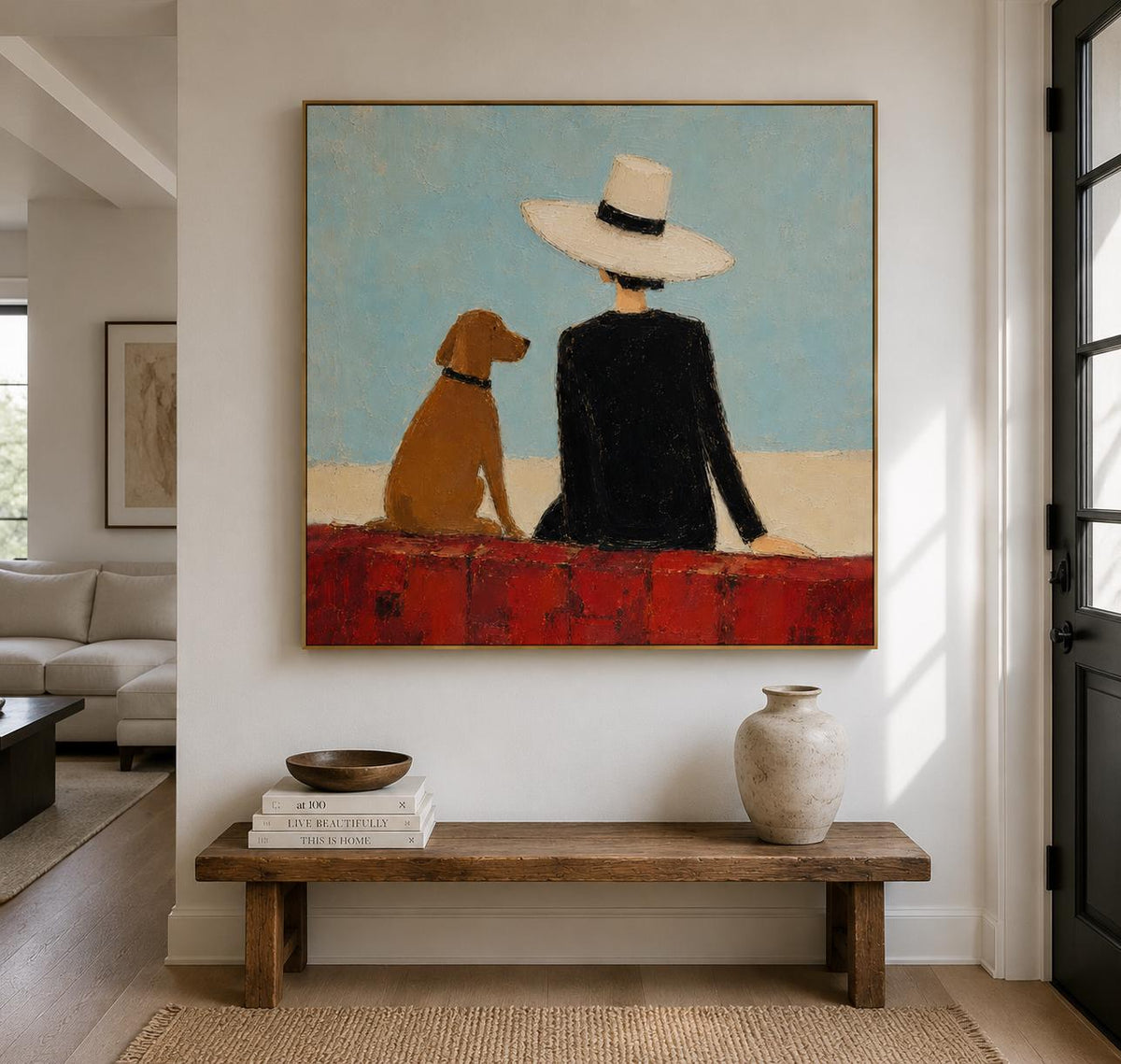Cowboy Dog Wall Art Blue Western Figurative Canvas Painting for Modern Living Room Decor