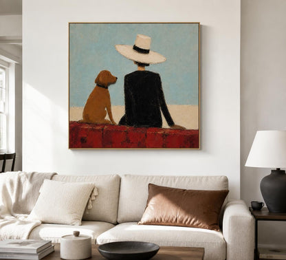 Cowboy Dog Wall Art Blue Western Figurative Canvas Painting for Modern Living Room Decor