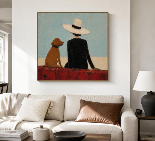 Cowboy Dog Wall Art Blue Western Figurative Canvas Painting for Modern Living Room Decor