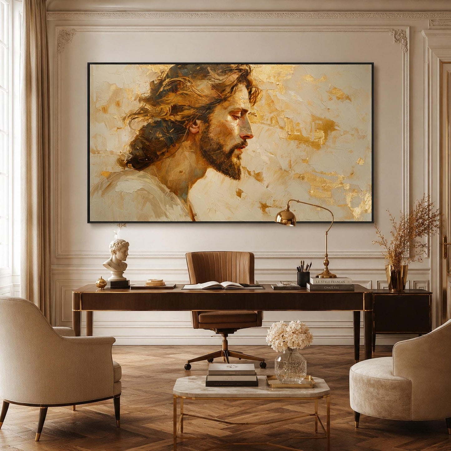 Gold and Cream Impasto Leaf Wall Art – Sacred Portrait Painting