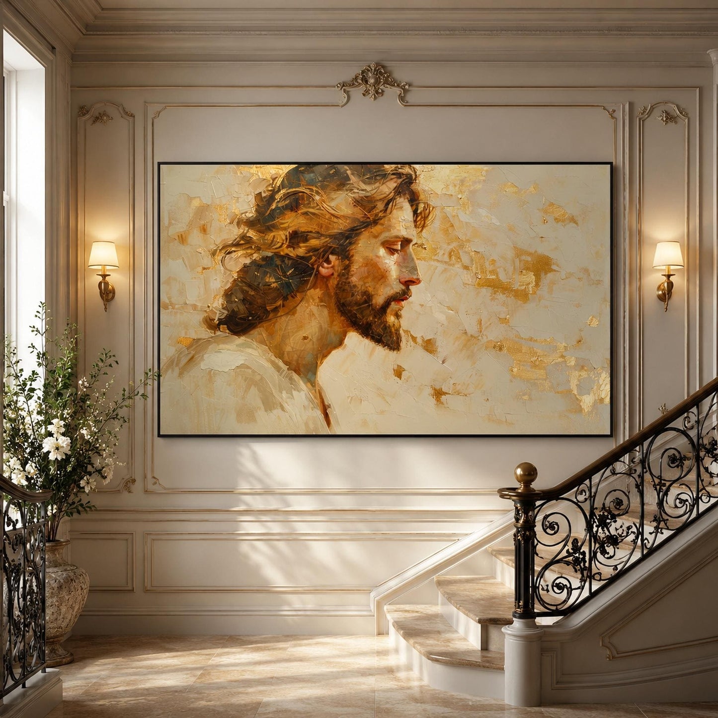 Gold and Cream Impasto Leaf Wall Art – Sacred Portrait Painting