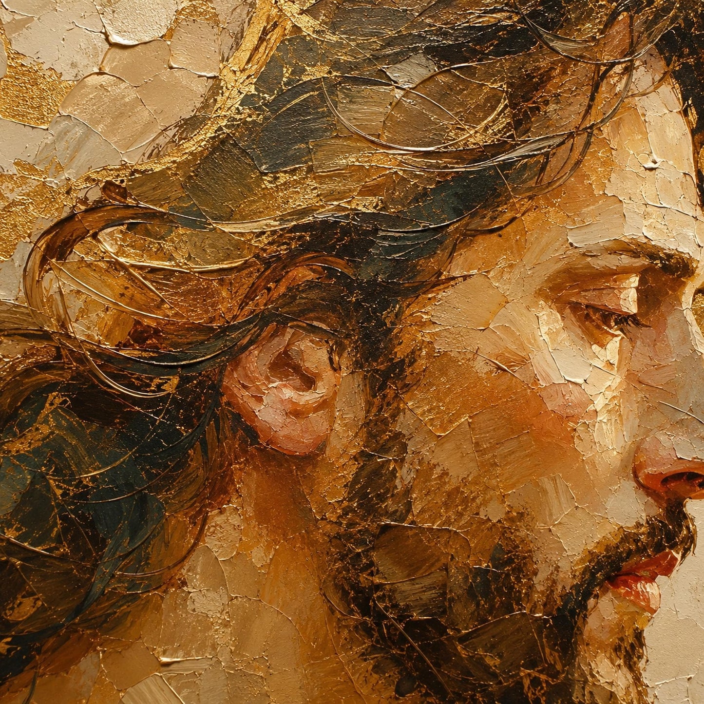 Sacred Portrait Painting Gold Leaf Art – Gold and Cream Botanical Leaf Wall Art | Impasto Painting, view 4