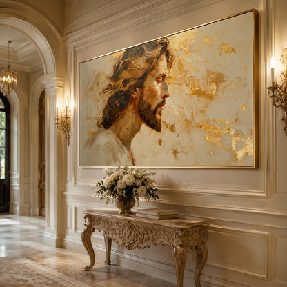 Sacred Portrait Painting Gold Leaf Art – Gold and Cream Botanical Leaf Wall Art | Impasto Painting, view 2