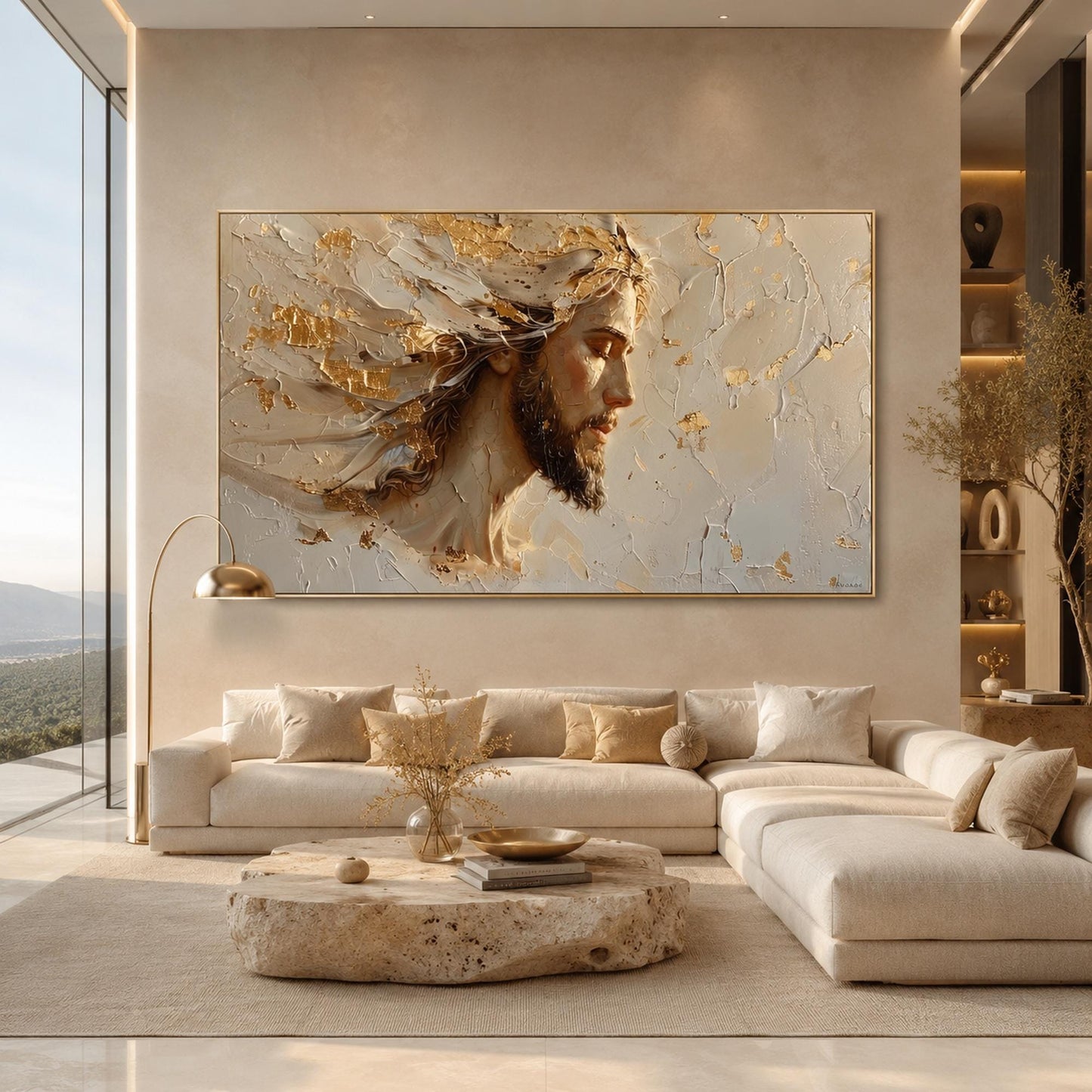 Peaceful Sacred Painting Gold Canvas – Gold and Grey Abstract 3D Texture Wall Art | Impasto Painting, view 5