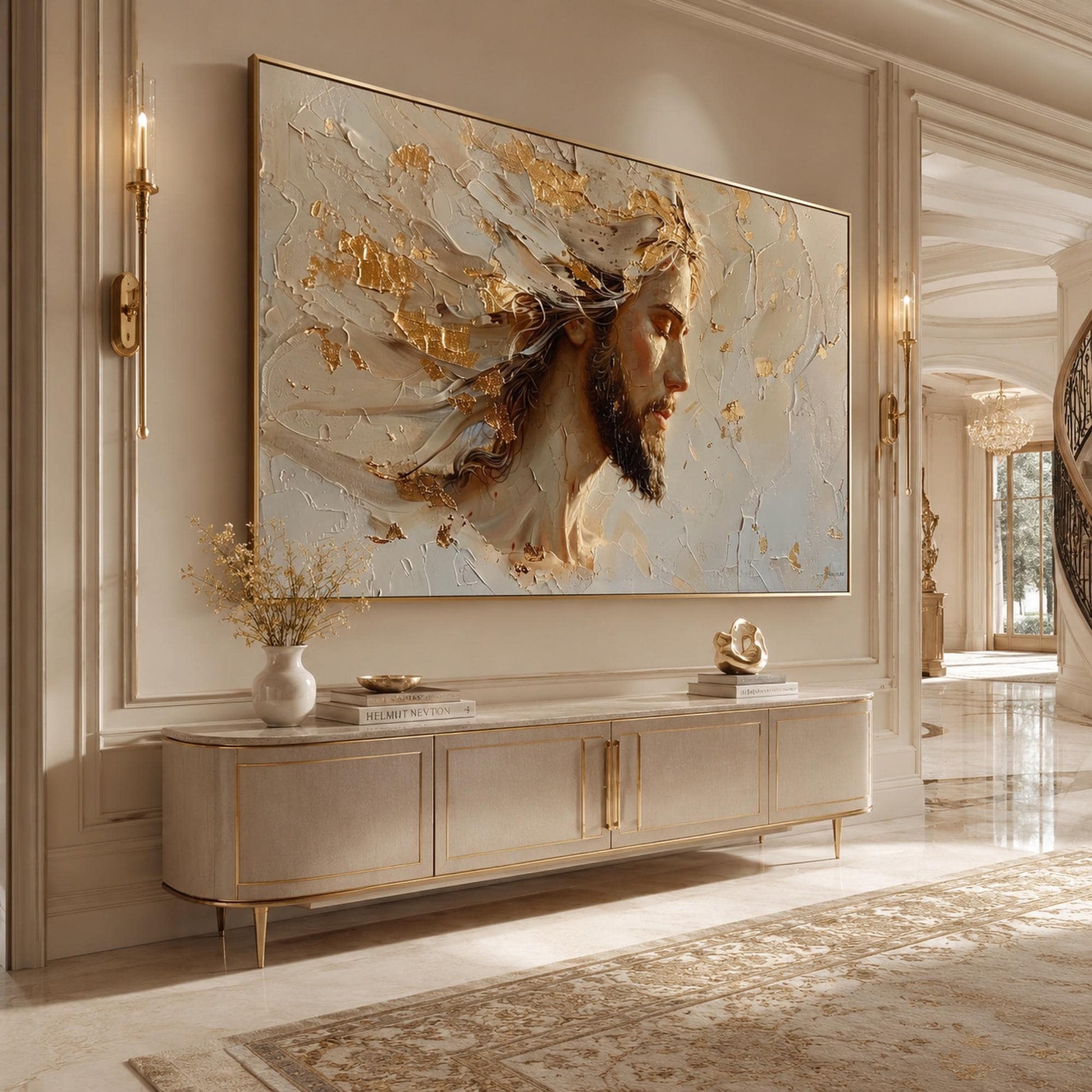 Peaceful Sacred Painting Gold Canvas – Gold and Grey Abstract 3D Texture Wall Art | Impasto Painting, view 2