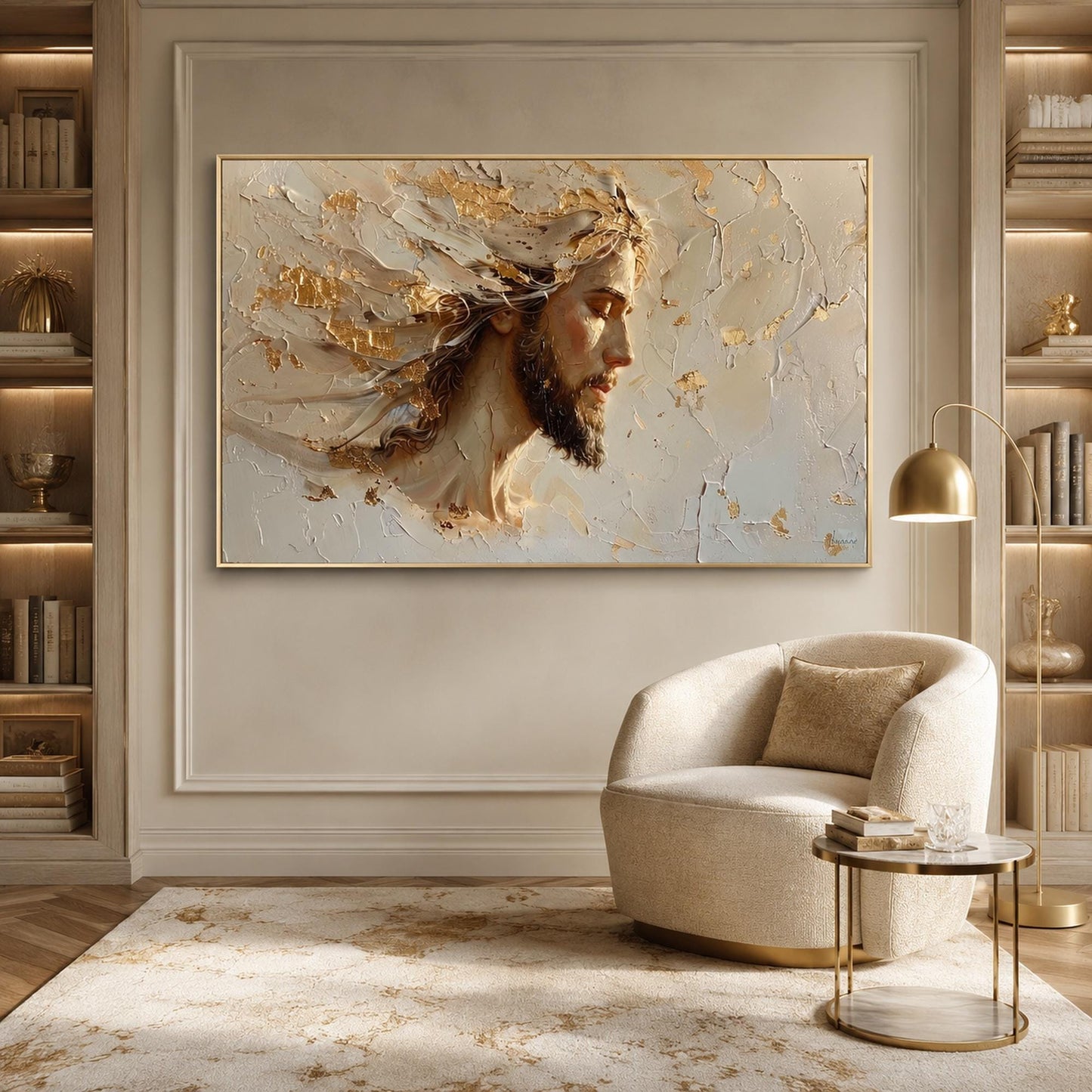 Peaceful Sacred Painting Gold Canvas – Gold and Grey Abstract 3D Texture Wall Art | Impasto Painting, view 1